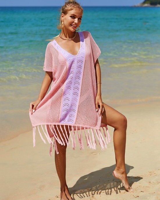 Color-Block Hollow Tasseled Batwing Sleeves Loose Deep V-Neck Cover-Ups Swimwear