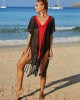 Color-Block Hollow Tasseled Batwing Sleeves Loose Deep V-Neck Cover-Ups Swimwear