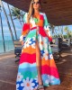 Long Sleeves Bandage Floral Printed Multi-Colored Cover-Ups Swimwear