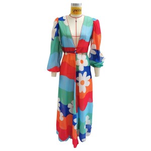 Long Sleeves Bandage Floral Printed Multi-Colored Cover-Ups Swimwear