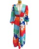 Long Sleeves Bandage Floral Printed Multi-Colored Cover-Ups Swimwear