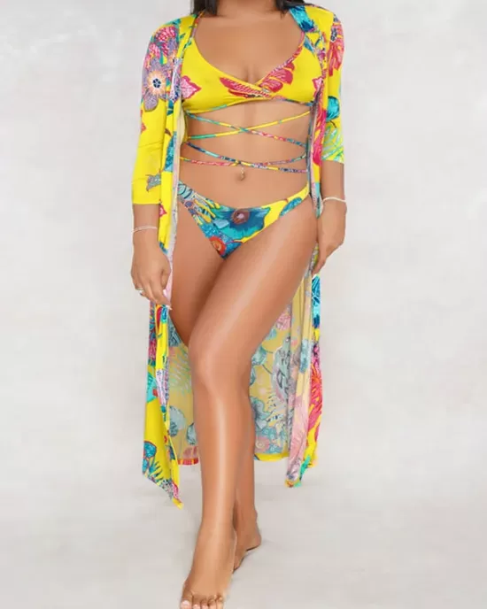 Sexy Floral-Print Split Bikini Swimsuit+Long Sleeve Cover-Ups Three-Piece Set