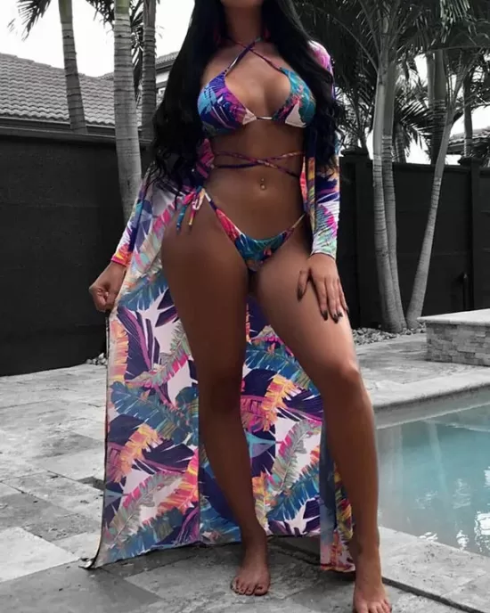 Floral-Print Bandage Triangles Split Bikini Swimsuit+Cover-Ups Tops