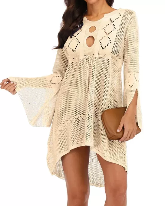 Solid Color Crochetgo Hollow Falbala Split-Joint Bohemia Mini Dress