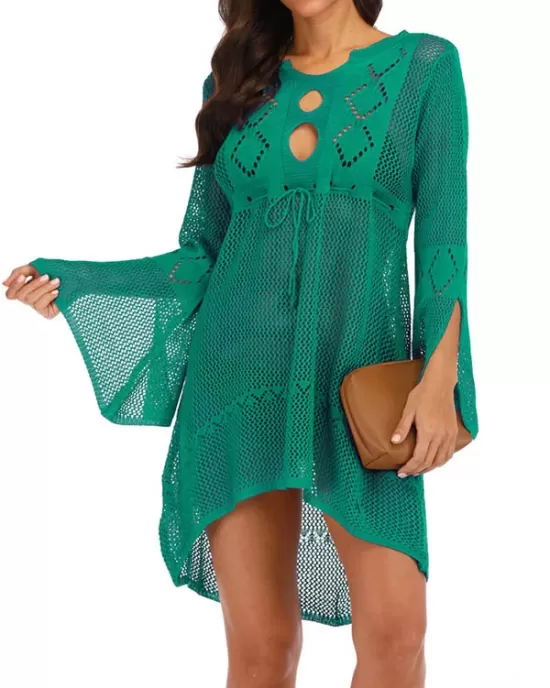 Solid Color Crochetgo Hollow Falbala Split-Joint Bohemia Mini Dress