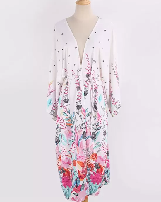 Floral-Print Long Sleeved Tunicshang Cover-Ups Tops