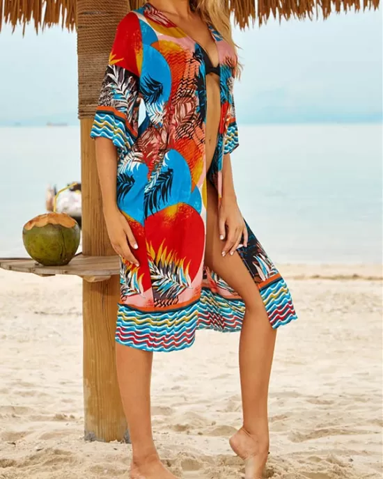 Floral-Print Half-Sleeve Cardigan Cover-Up Swimwear