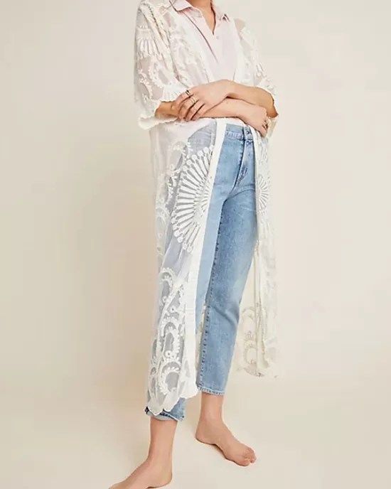 Half-Sleeve Embroidered See-Through Cardigan Cover-Up Swimwear