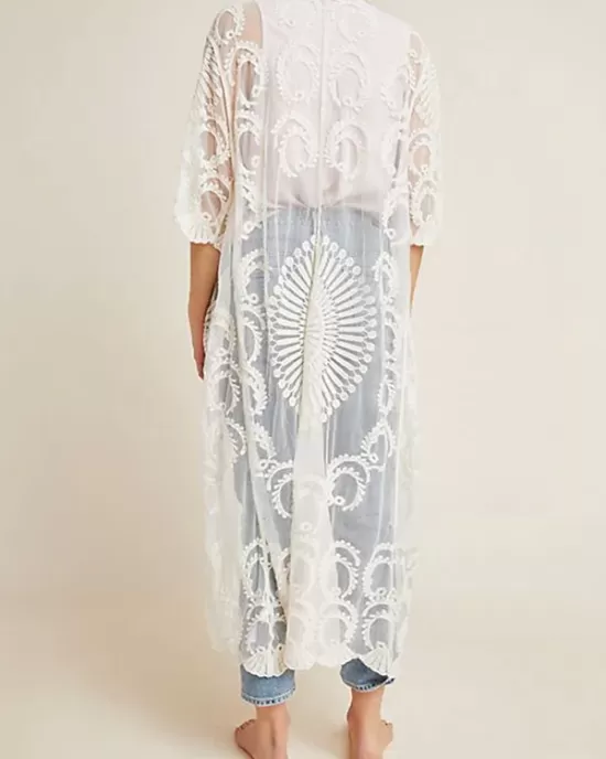 Half-Sleeve Embroidered See-Through Cardigan Cover-Up Swimwear