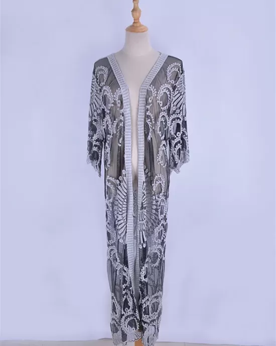 Half-Sleeve Embroidered See-Through Cardigan Cover-Up Swimwear