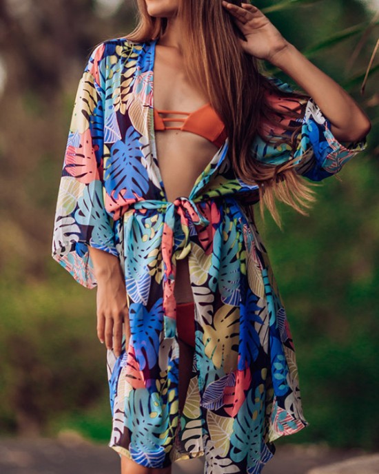 Half-Sleeve Floral Chiffon Cardigan Sash Cover-Up Swimwear