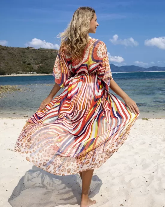 Chiffon Short Sleeve V-Neck Drawstring Cover-Up Swimwear