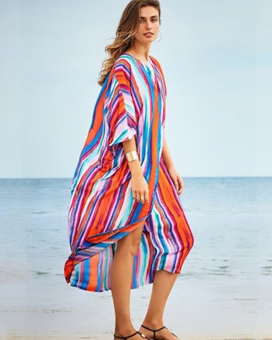 Striped Loose Pocket Cardigan Vacation Beach Cover-Up Swimwear