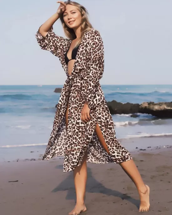 Leopard Split-Side Cardigan Vacation Beach Cover-Up Swimwear