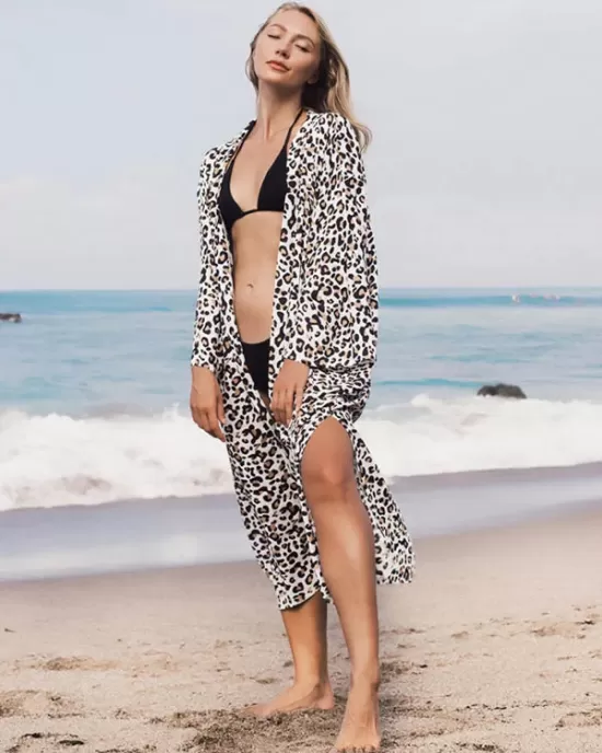 Leopard Split-Side Cardigan Vacation Beach Cover-Up Swimwear