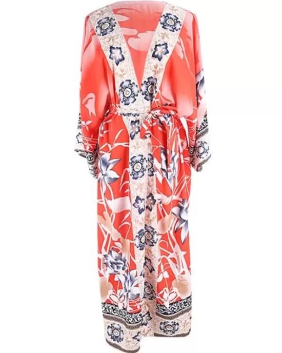 Rayon Floral Loose Caidigan Long Sleeve Beach Cover-Up Swimwear