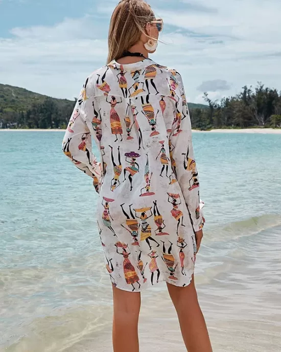 Cartoon Girl Print Long Sleeve Shirt-Style Beach Cover-Up Swimwear