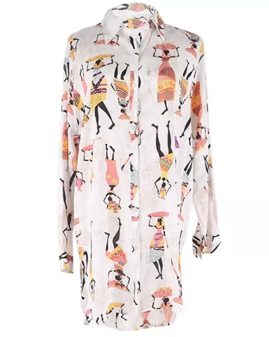 Cartoon Girl Print Long Sleeve Shirt-Style Beach Cover-Up Swimwear