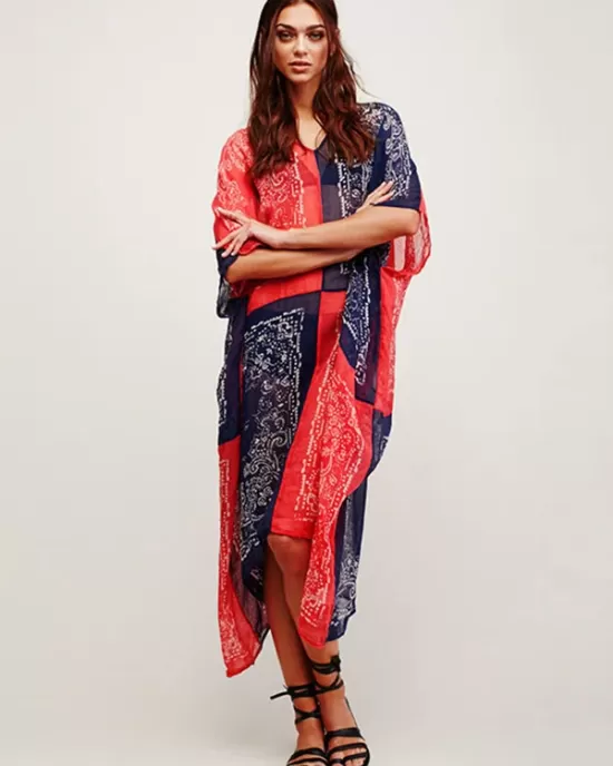 Chiffon Red And Blue Squares Print Loose Cover-Up Swimwear