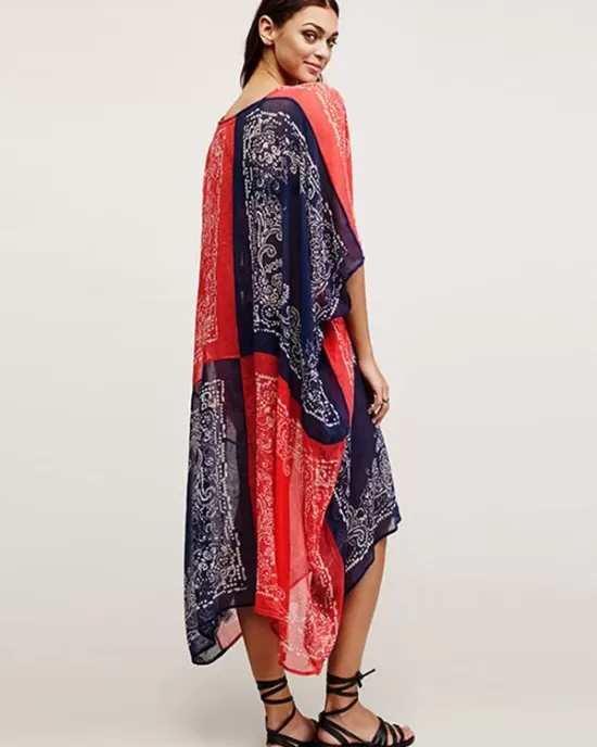 Chiffon Red And Blue Squares Print Loose Cover-Up Swimwear