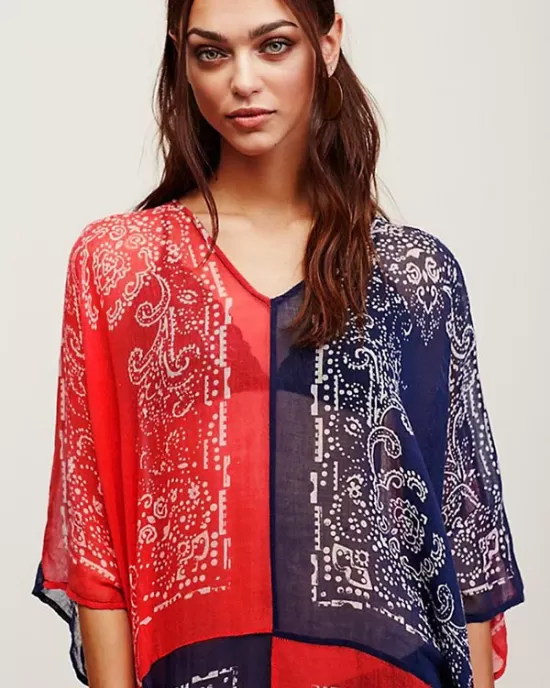 Chiffon Red And Blue Squares Print Loose Cover-Up Swimwear