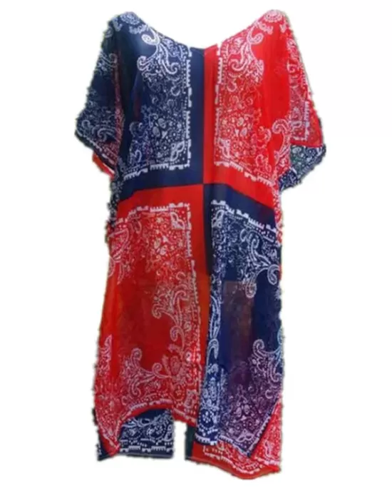 Chiffon Red And Blue Squares Print Loose Cover-Up Swimwear