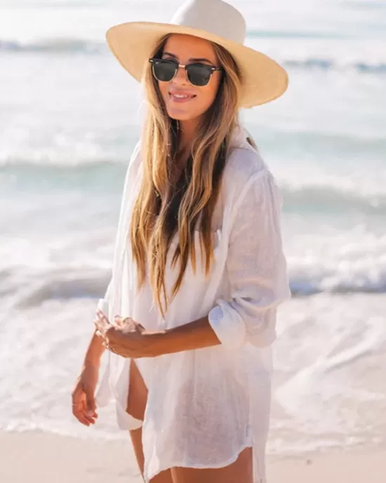 Simple Solid Color Button Long Sleeve Shirt-Style Cover-Up Swimwear