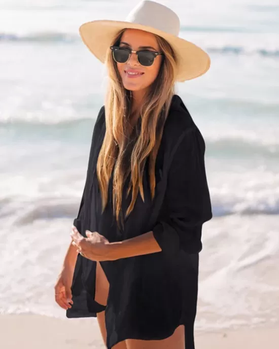 Simple Solid Color Button Long Sleeve Shirt-Style Cover-Up Swimwear