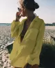 Simple Solid Color Button Long Sleeve Shirt-Style Cover-Up Swimwear