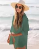 Simple Solid Color Button Long Sleeve Shirt-Style Cover-Up Swimwear