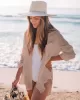 Simple Solid Color Button Long Sleeve Shirt-Style Cover-Up Swimwear