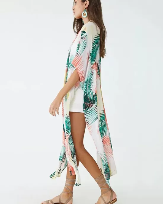 Colorful Leaf Printing Cardigan Loose Vacation Beach Cover-Up Swimwear