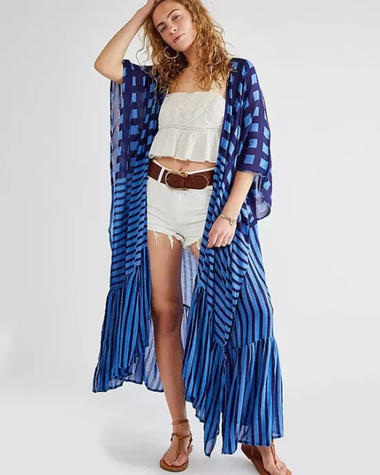 Plaid Chiffon Long-Sleeves Cover-Up Swimwear