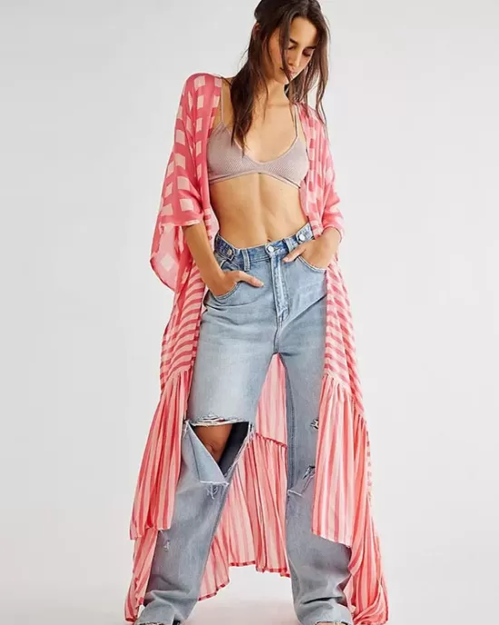 Plaid Chiffon Long-Sleeves Cover-Up Swimwear