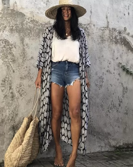 Leaves Printed Cardigan Half-Sleeves Cover-Up Swimwear