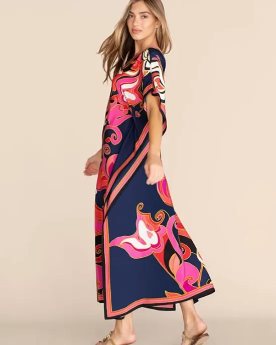 Short Sleeve Floral V-Neck Long Gown Cover-Up Swimwear