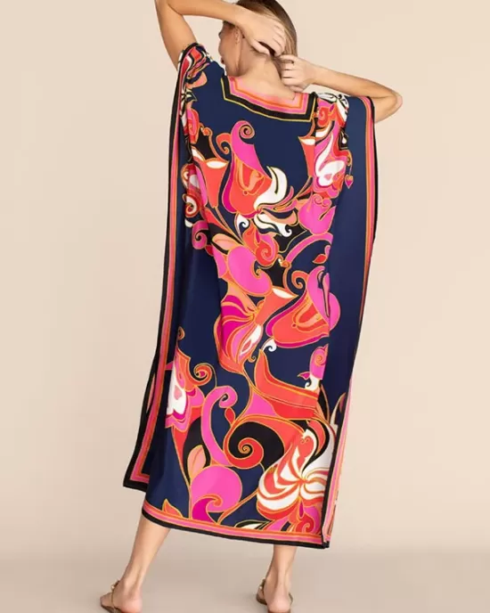 Short Sleeve Floral V-Neck Long Gown Cover-Up Swimwear