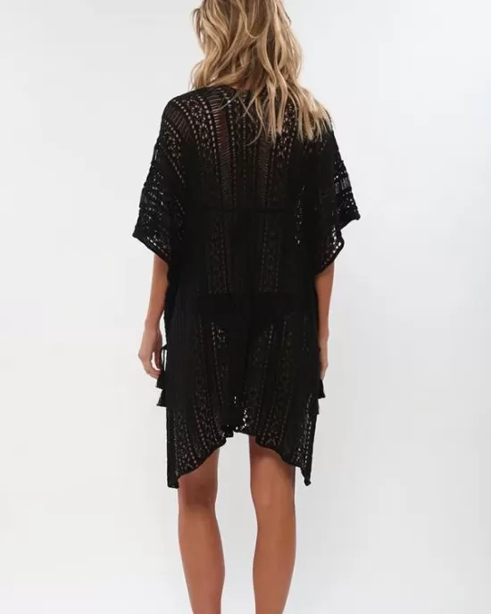 Loose Hollow Vacation Half Sleeve V Neck Beach Cover-Ups