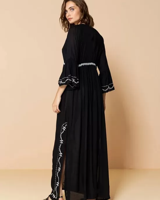 Embroidered And Lace-Up Long Sleeves Cover-Ups Tops