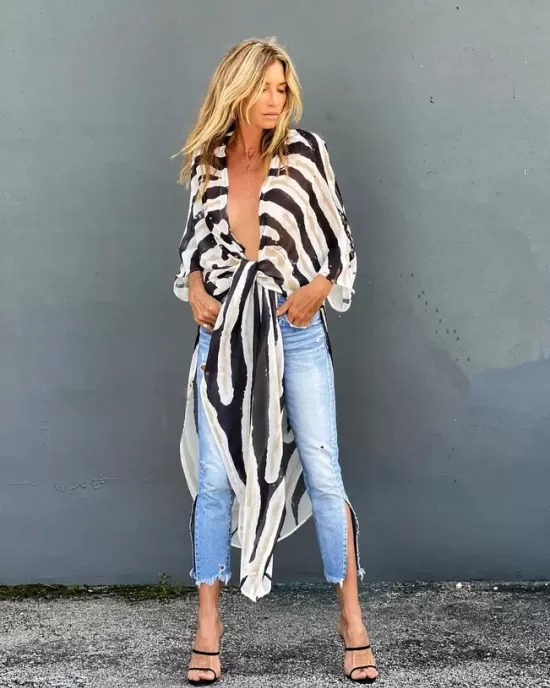 Sexy Zebra Pattern  Half Sleeve Wide Belt Cover-Ups Tops