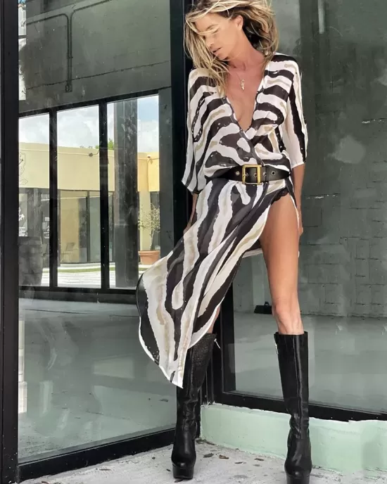 Sexy Zebra Pattern  Half Sleeve Wide Belt Cover-Ups Tops