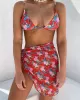 Three-Piece Floral Print Bandage Tie Side Bikini Swimwear