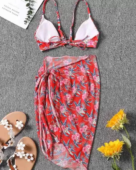 Three-Piece Floral Print Bandage Tie Side Bikini Swimwear