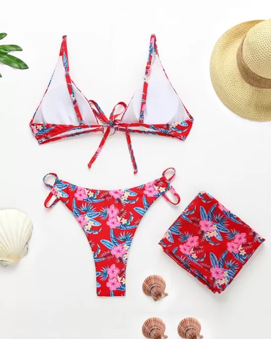 Three-Piece Floral Print Bandage Tie Side Bikini Swimwear