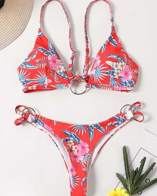 Three-Piece Floral Print Bandage Tie Side Bikini Swimwear