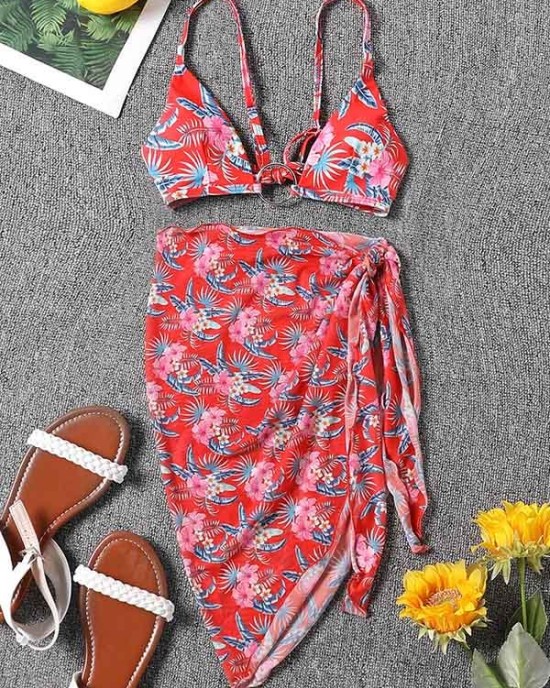 Three-Piece Floral Print Bandage Tie Side Bikini Swimwear