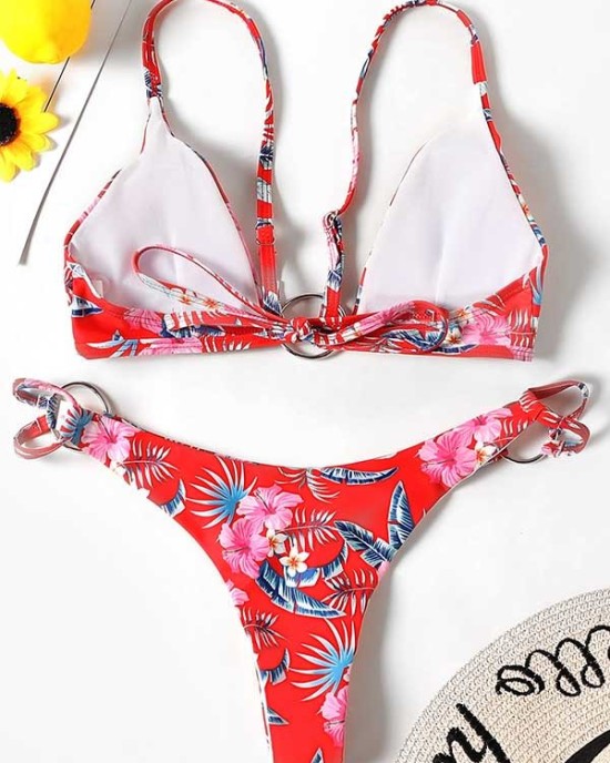 Three-Piece Floral Print Bandage Tie Side Bikini Swimwear