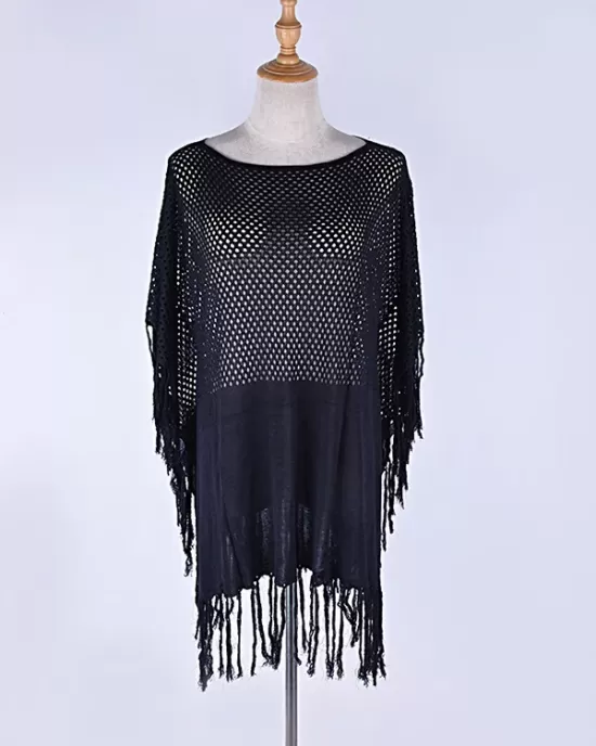 Solid Color Hollow Split-Joint Tasseled Crochetgo Bat Sleeve Cover-Ups Tops