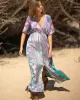 Short Sleeve Floral V-Neck Drawstring Midi Dress Cover-Up Swimwear