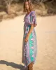 Short Sleeve Floral V-Neck Drawstring Midi Dress Cover-Up Swimwear